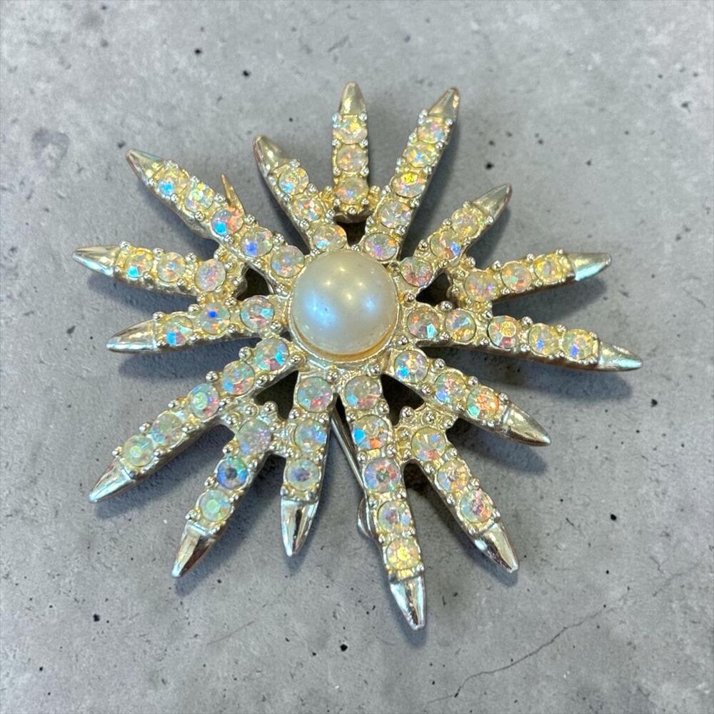Aurora Borealis Starburst Brooch Emmons Pearl Rhinestone Mid Century